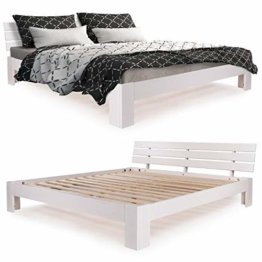 Homelux Massivholzbett Kiefer Doppelbett Balkenbett Bettgestell Bettrahmen Lattenrost 140 x 200 cm Weiss - 1